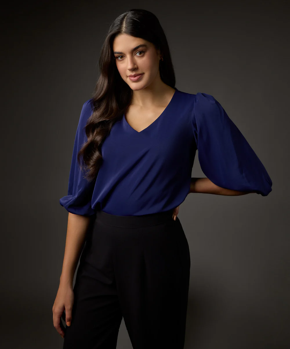 Vneck Balloon Half Sleeve Blue Top - Image 2