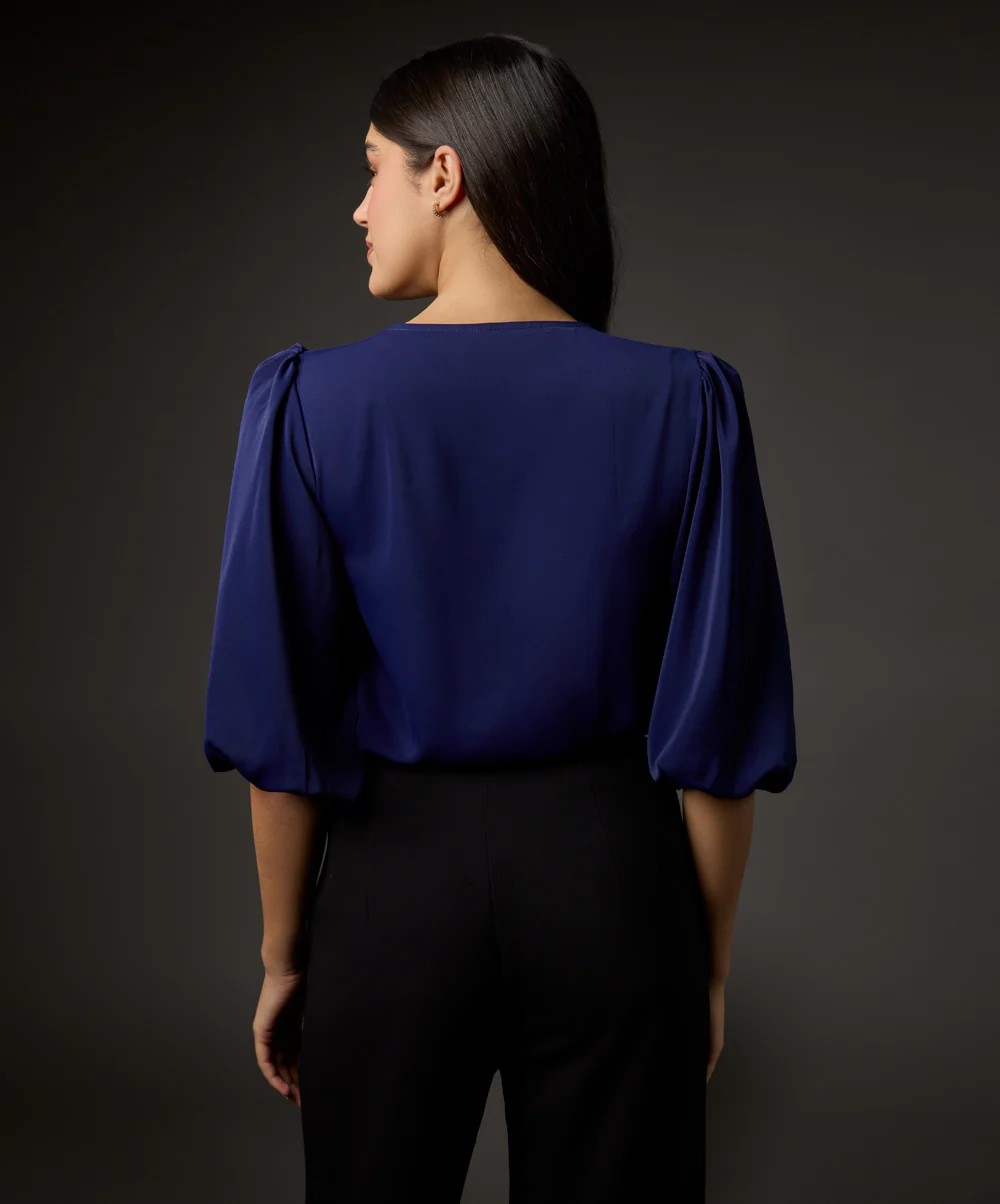 Vneck Balloon Half Sleeve Blue Top - Image 4