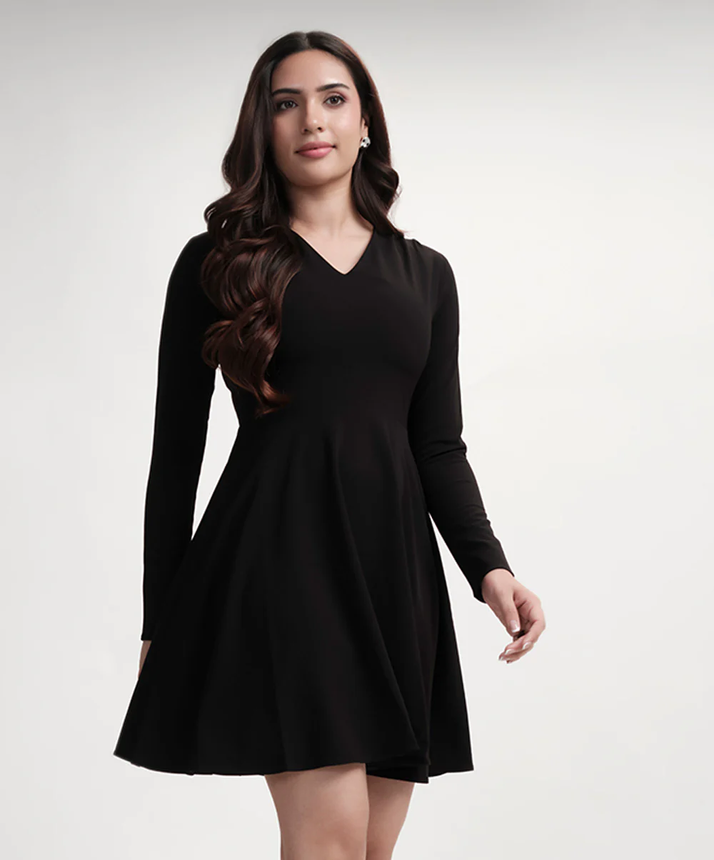 Vneck Mini Long Sleeve Flared Black Dress - Image 2