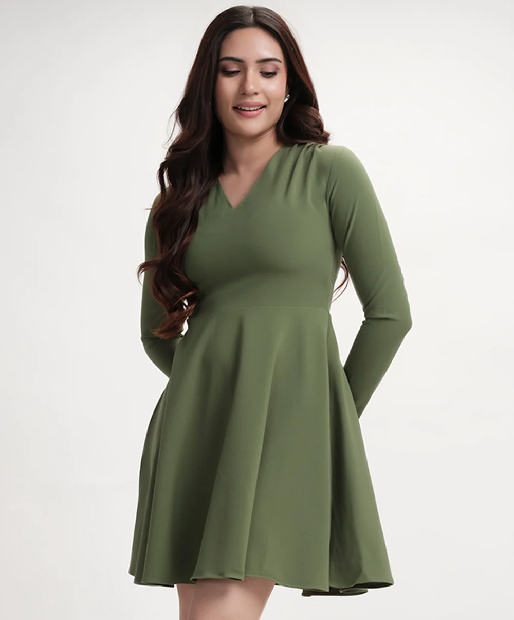 Vneck Mini Long Sleeve Flared Green Dress - Image 2