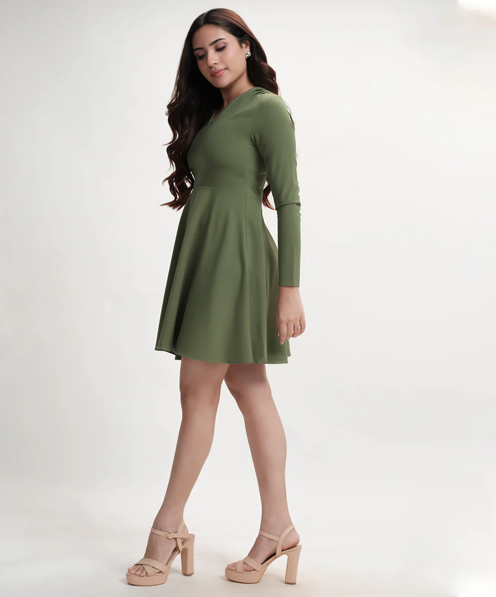 Vneck Mini Long Sleeve Flared Green Dress - Image 3