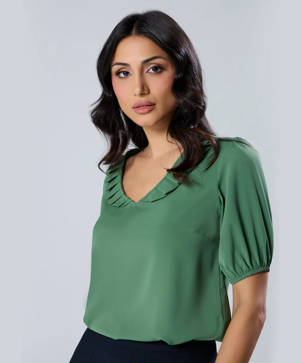 Vneck Pleated Green Half Sleeve Top - Image 2