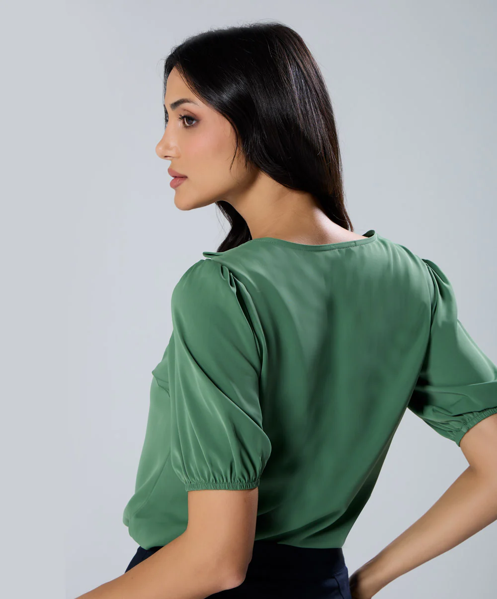Vneck Pleated Green Half Sleeve Top - Image 4