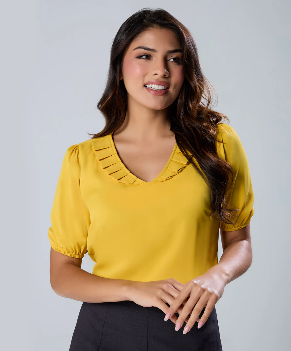 Vneck Pleated Yellow Half Sleeve Top - Image 2