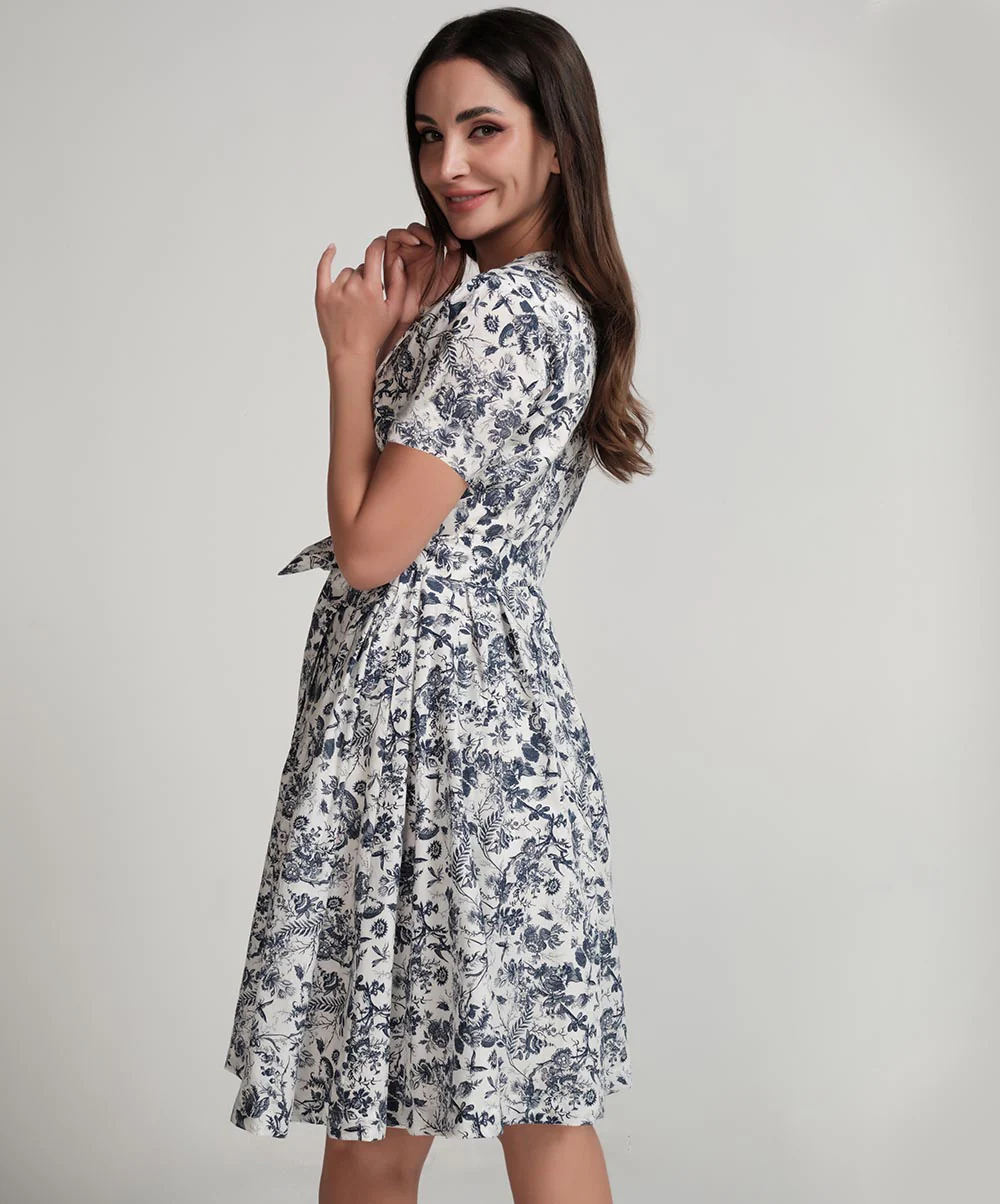 Vneck Printed Waist Tie Dress - Image 4