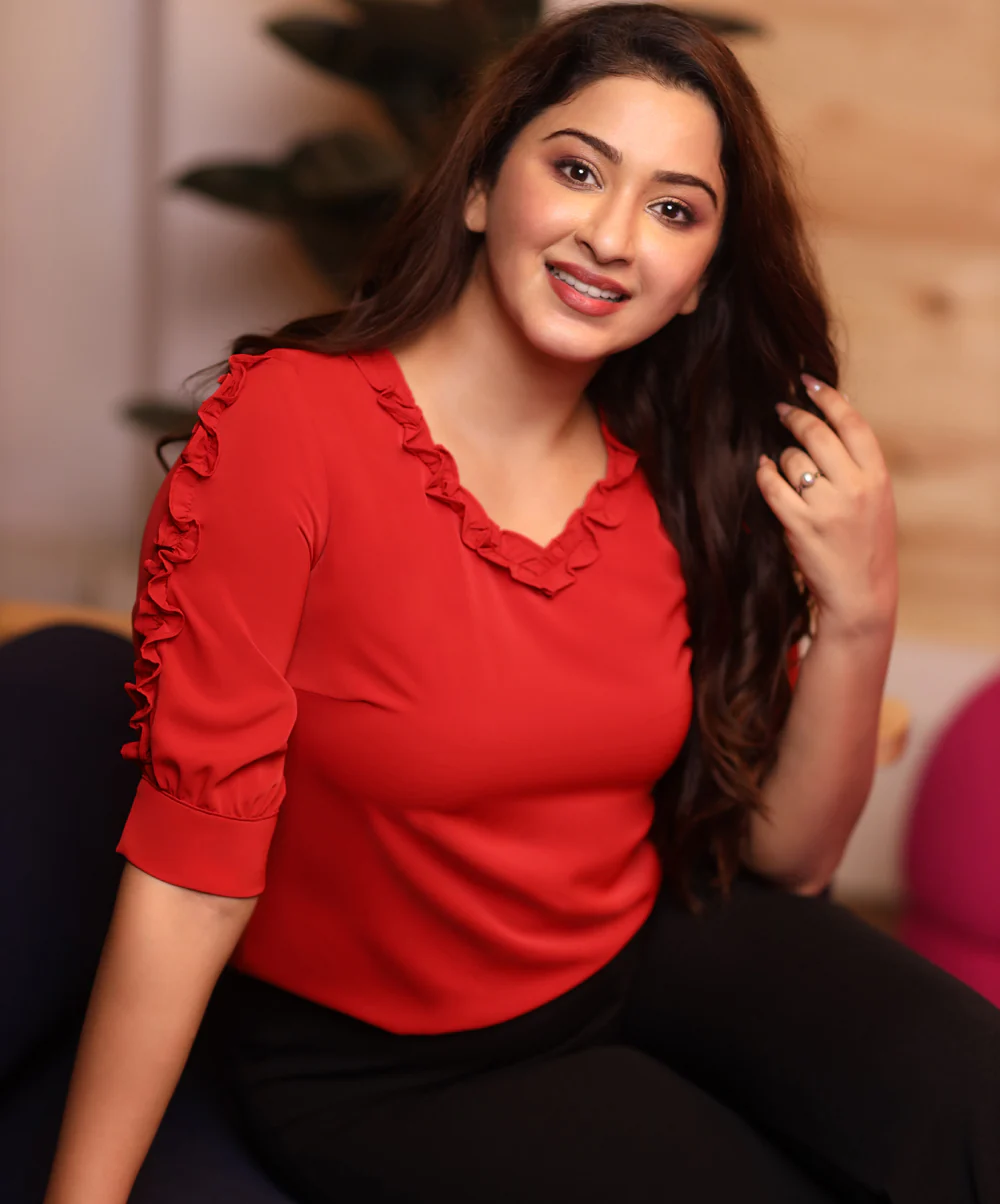 Vneck Ruffle Gathered Chiffon Red Top