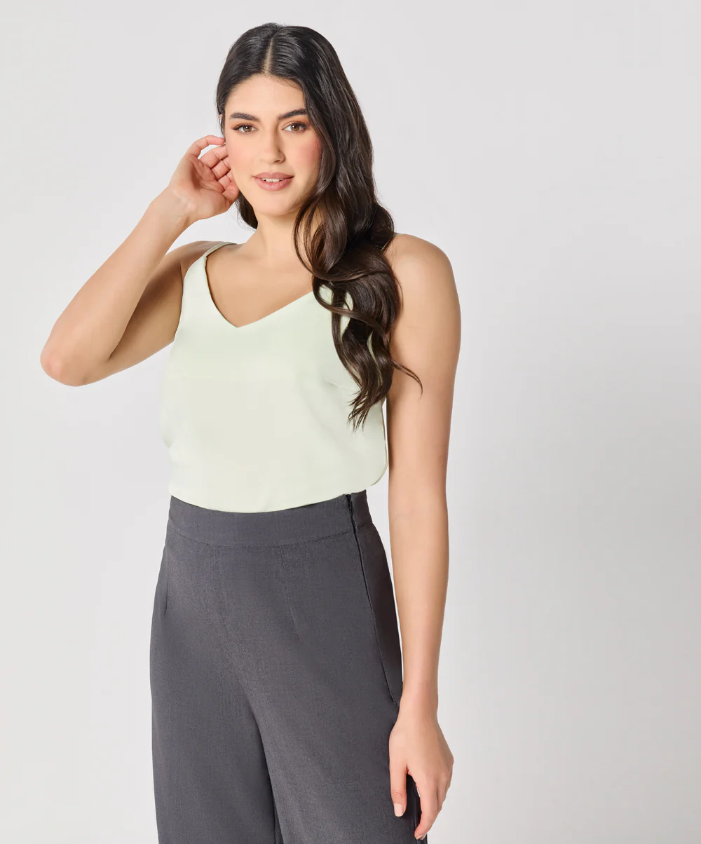 Vneck Satin Cami Top With The Straps-Green - Image 4