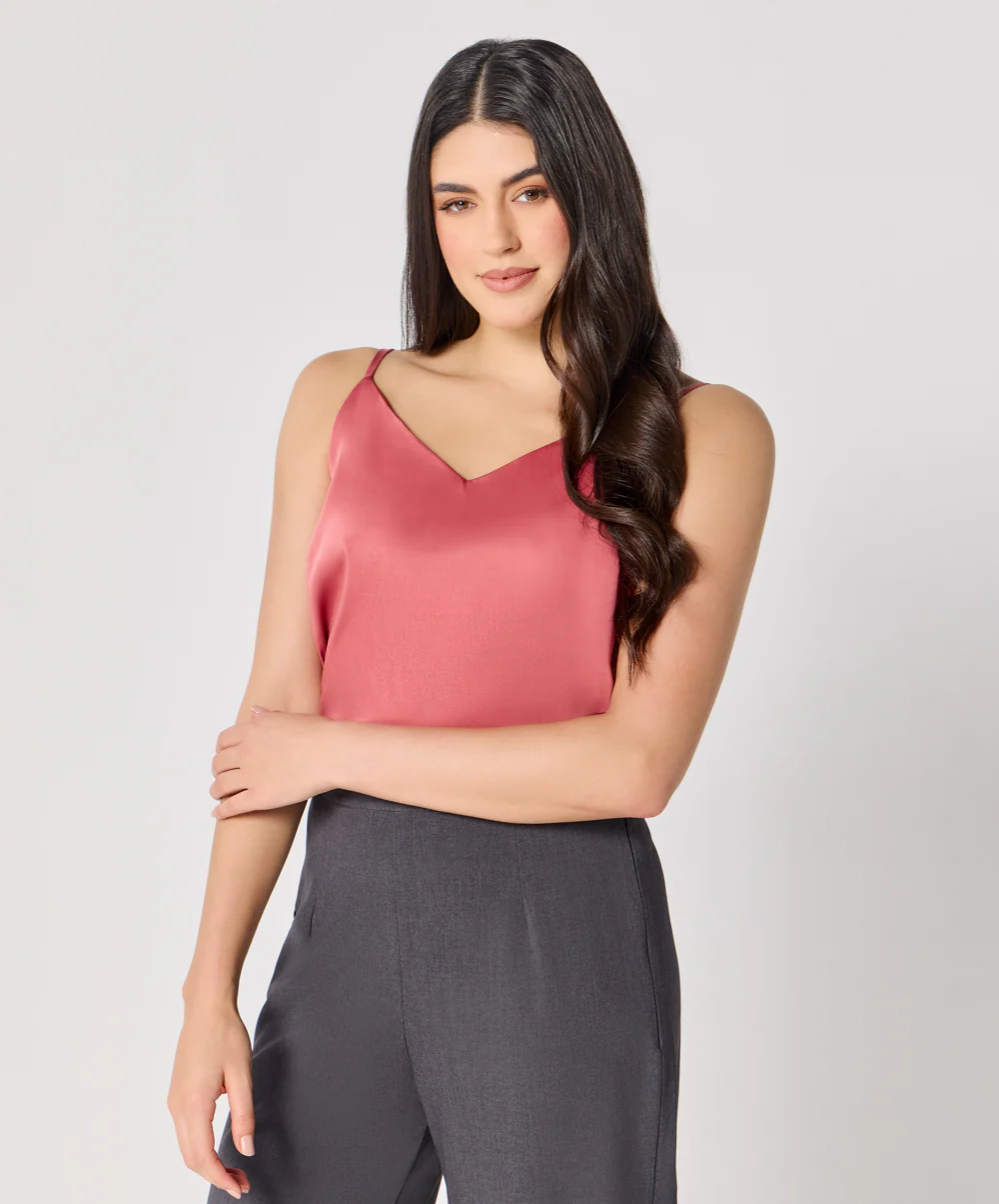 Vneck Satin Cami Top With The Straps-Pink - Image 3