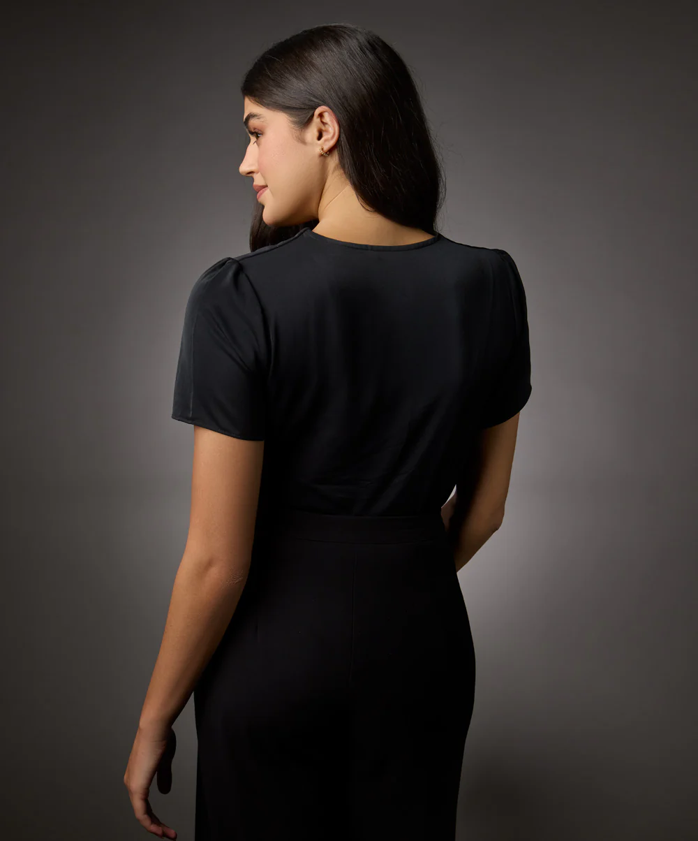 Vneck Short Sleeve Chiffon Top-Black - Image 4