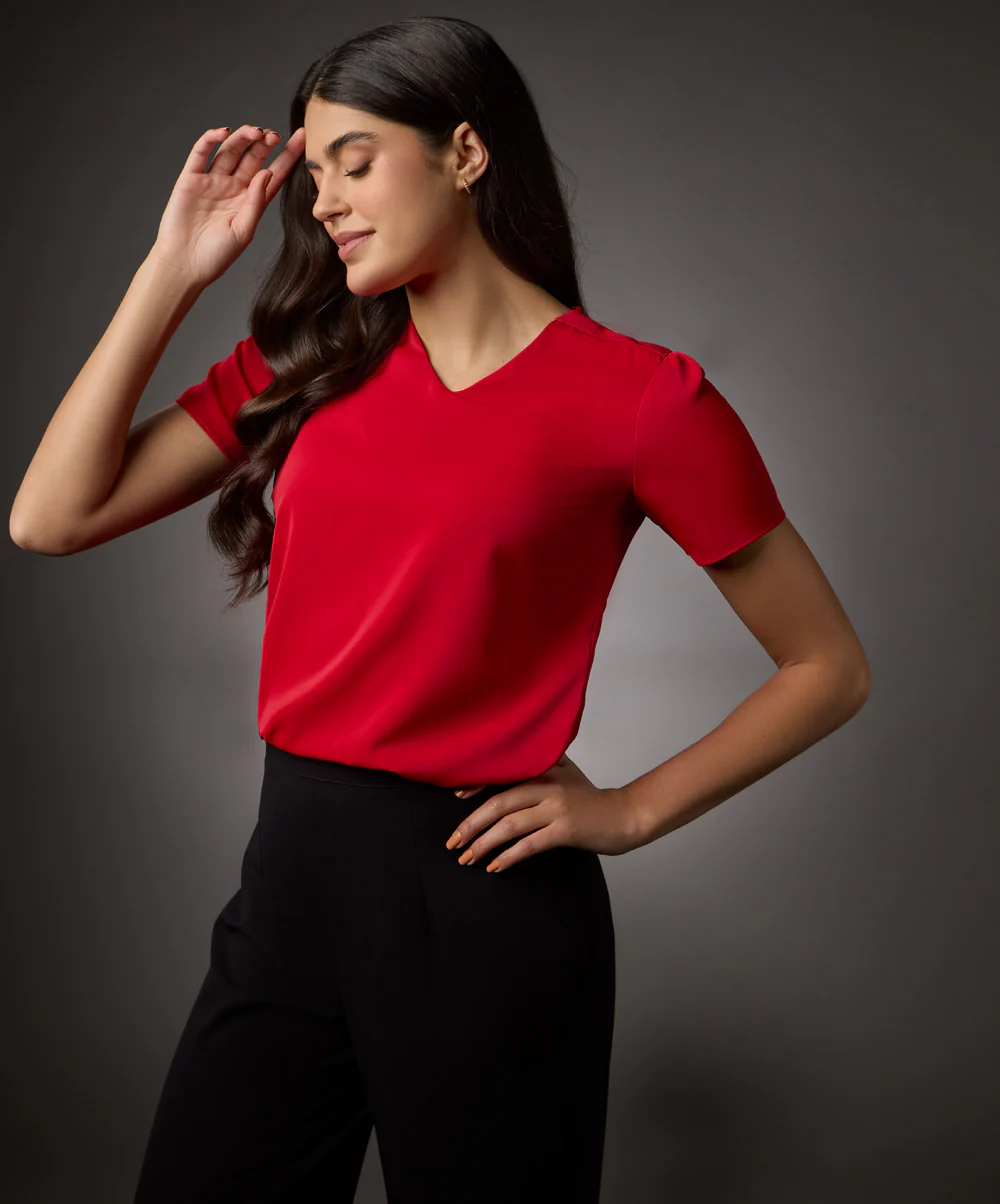 Vneck Short Sleeve Chiffon Top-Red - Image 2