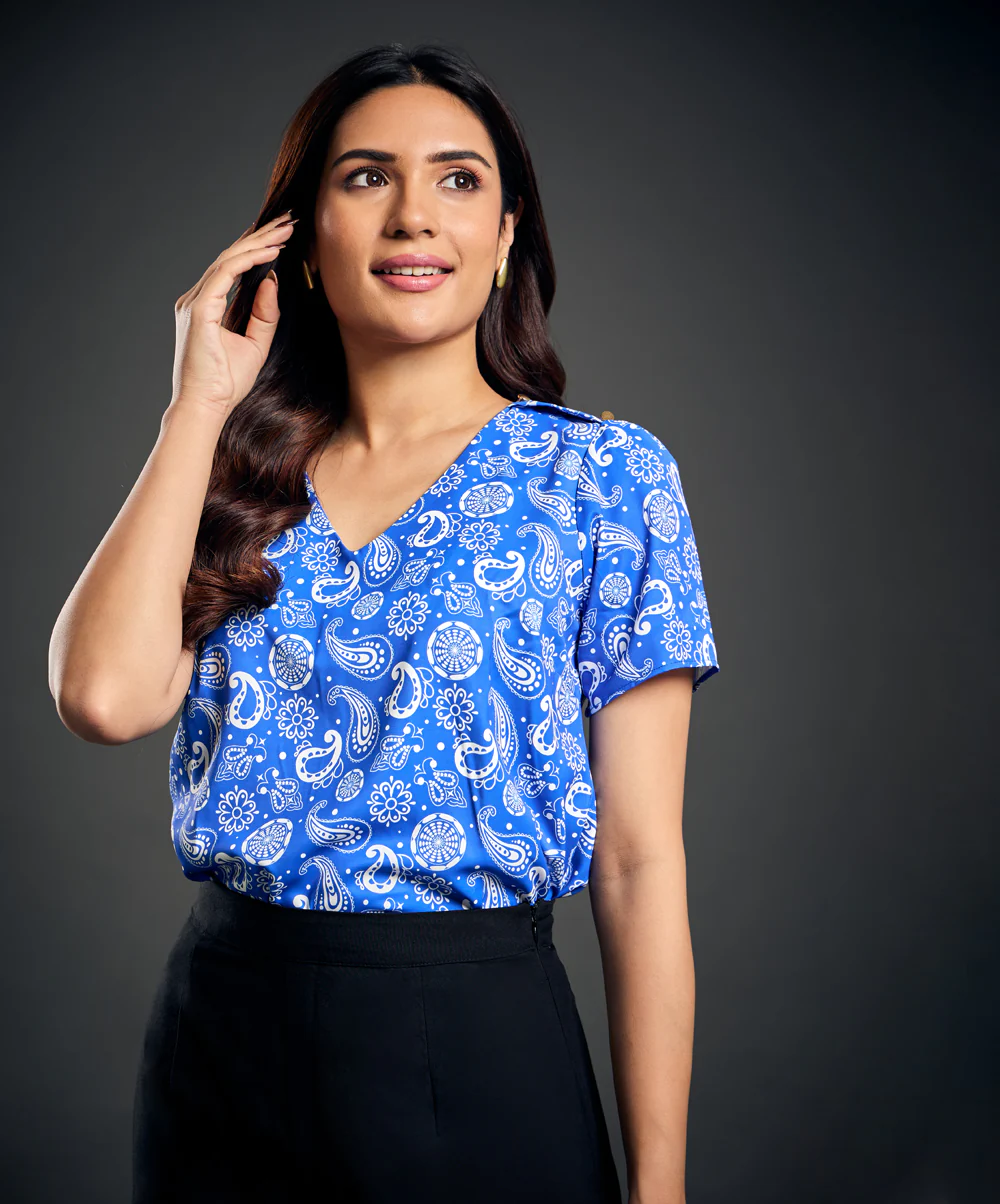 Vneck Shoulder Buttoned Blue Top - Image 2