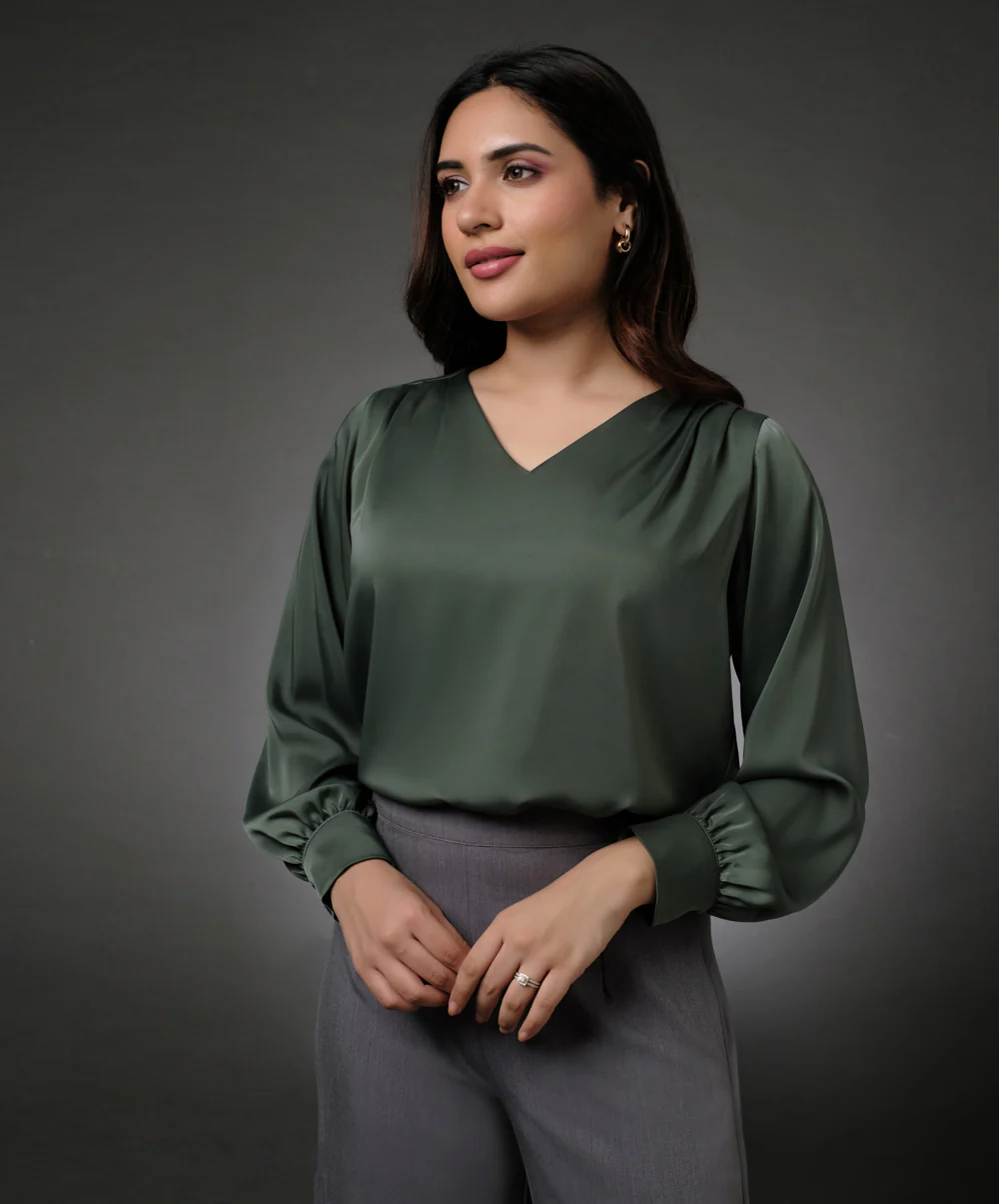 Vneck Shoulder Pleated Green Top - Image 3