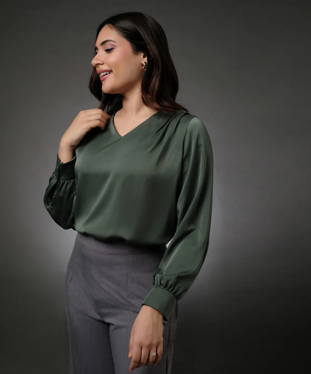 Vneck Shoulder Pleated Green Top - Image 8
