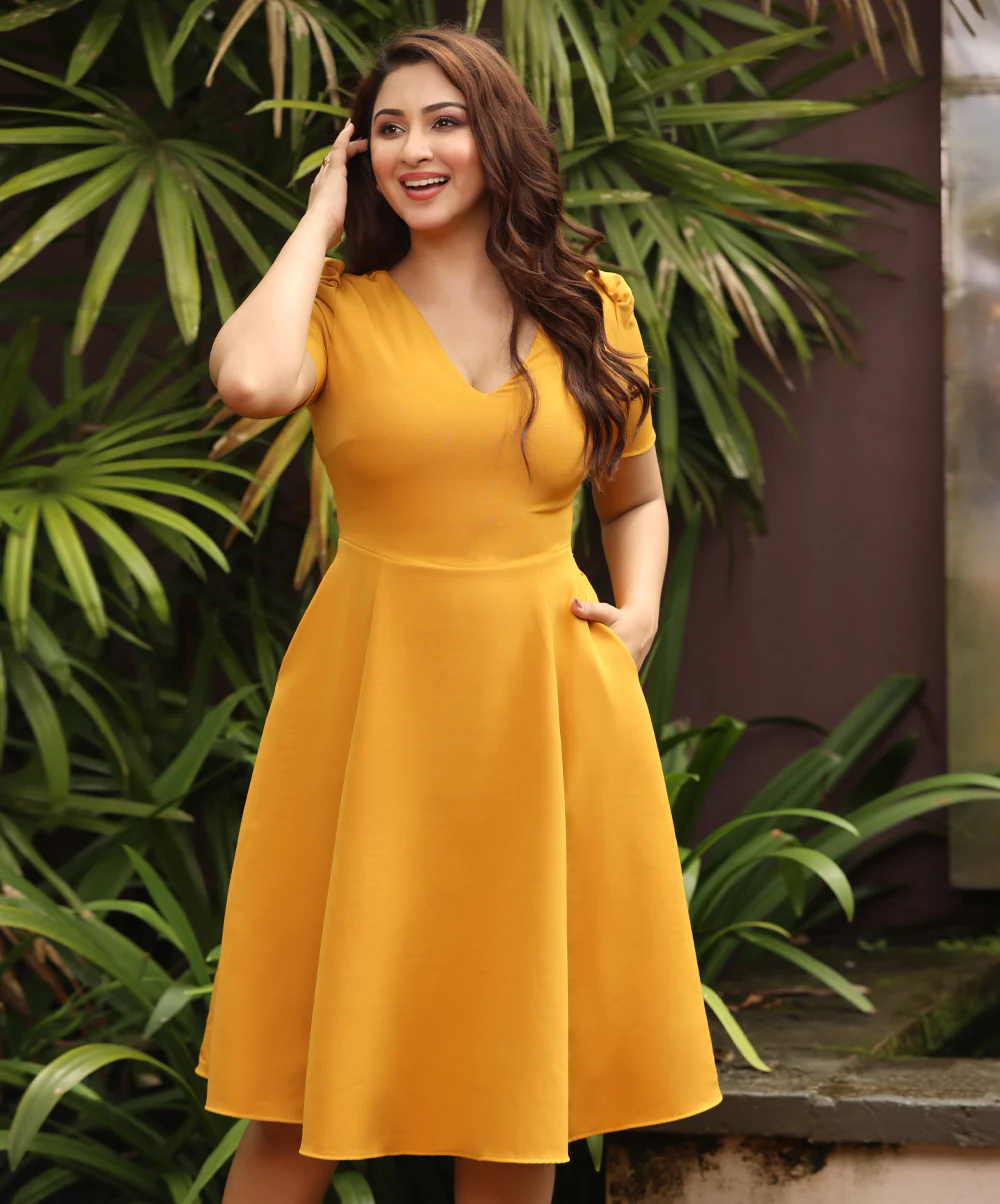 Vneck Side Pockets Elegant Mustard Dress - Image 2