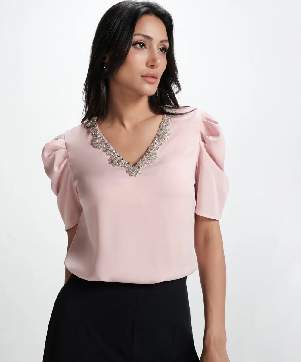 Vneck Sleeve Gathered Glamorous Satin Top - Image 5