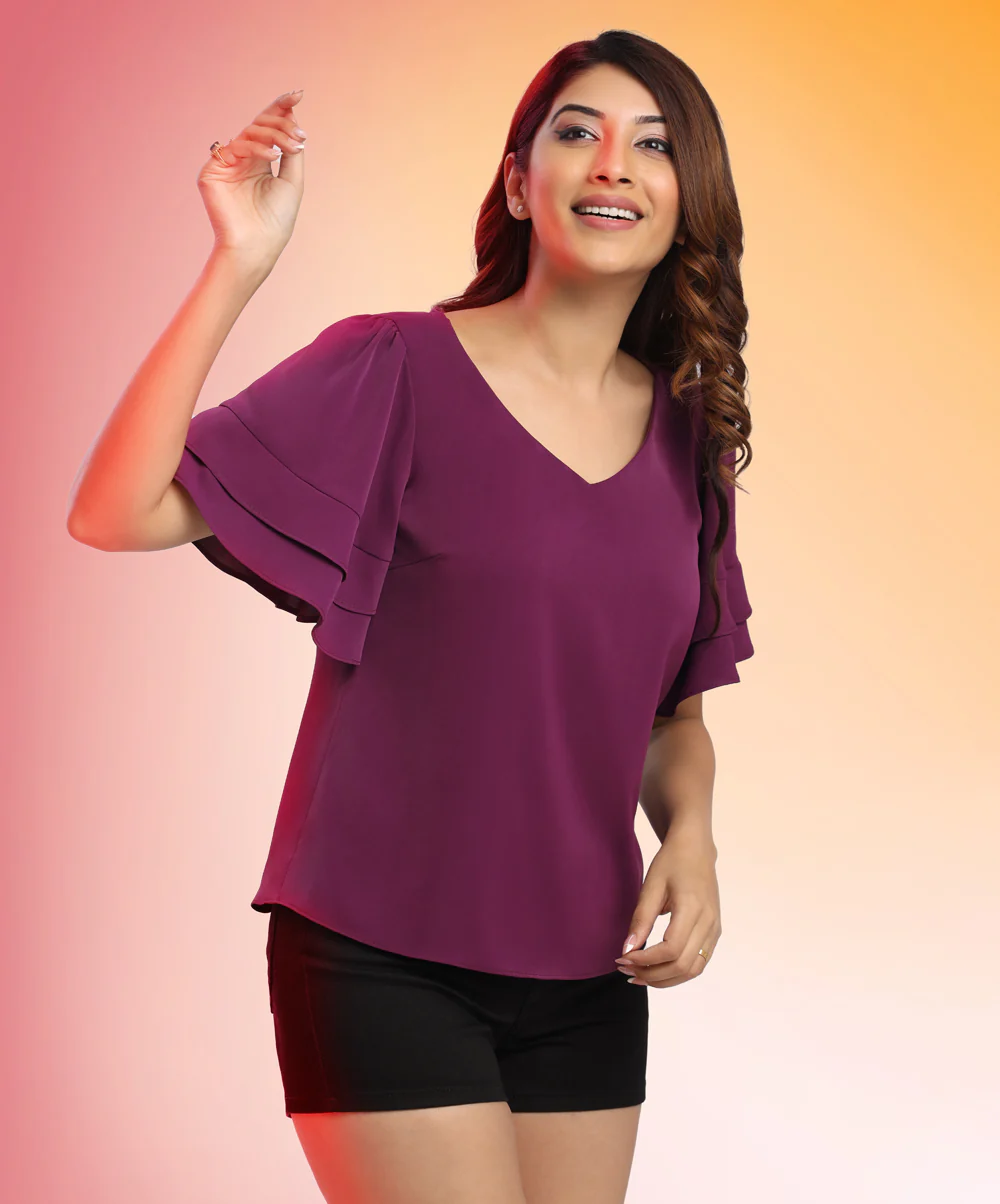 Vneck Sleeve Layered Purple Chiffon Top - Image 2