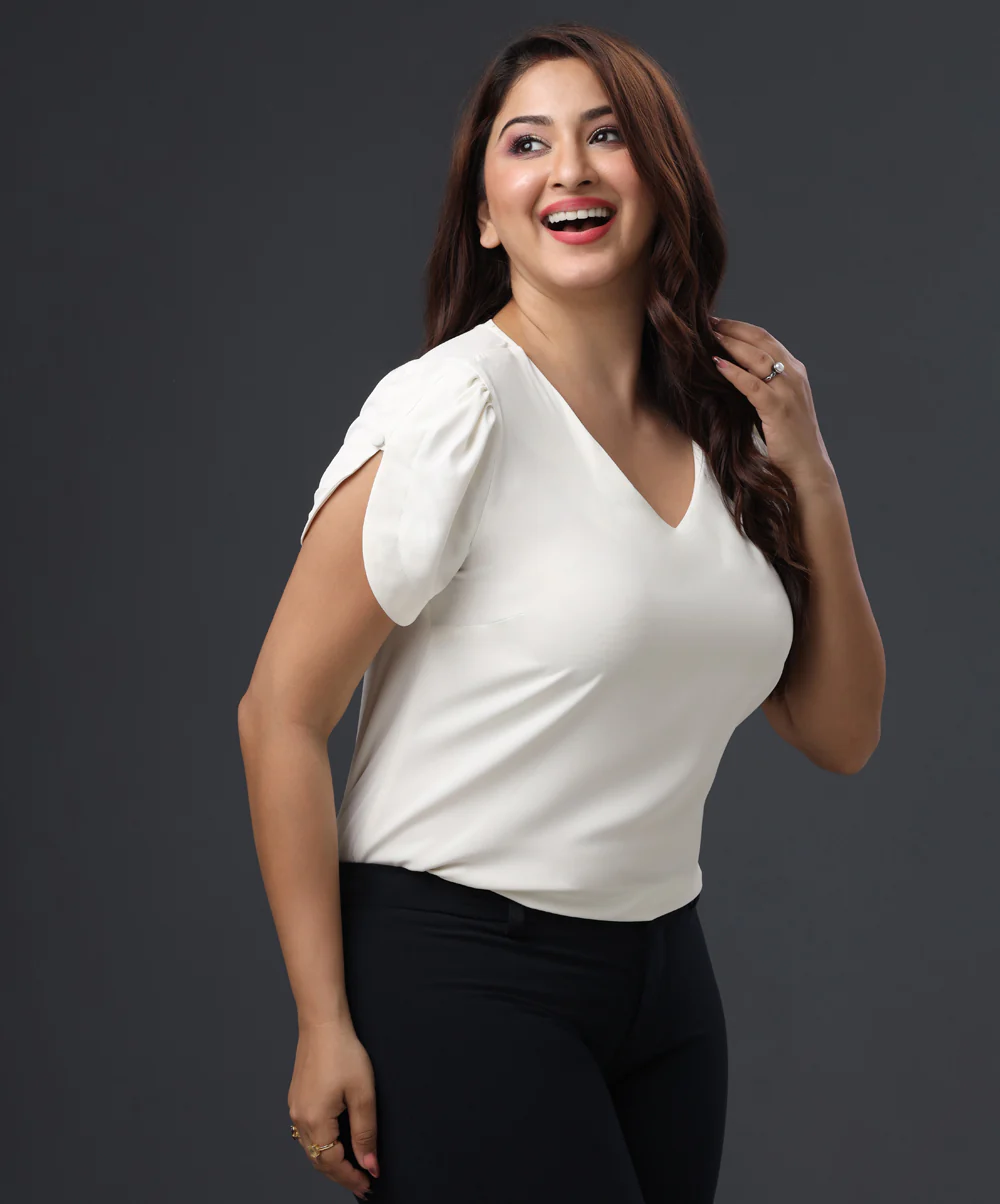 Vneck Sleeve Spilt Chiffon White Top - Image 2