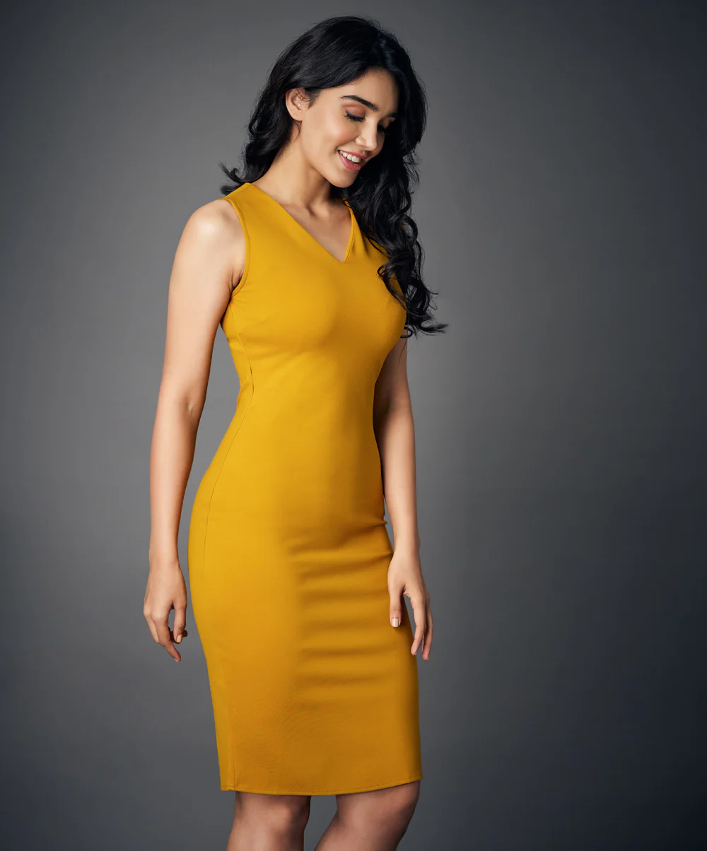 Vneck Sleeveless Bodycon Mustard Dress - Image 4