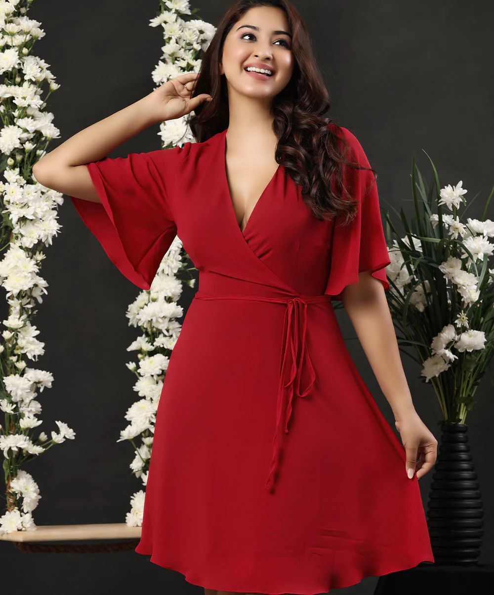 Vneck Solid Half Gatsby Chiffon Dress