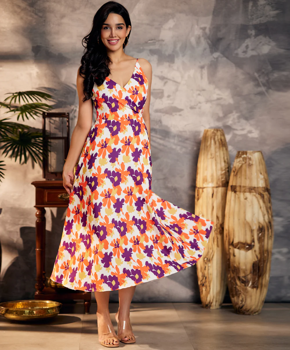 Vneck Strappy Floral Midi Dress