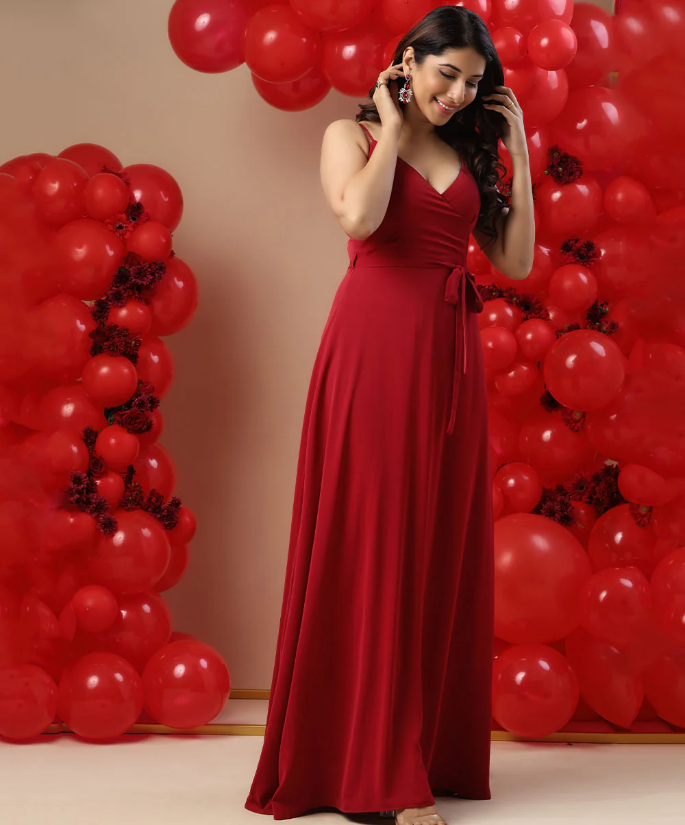 Vneck Waist Tie Solid Chiffon Maxi