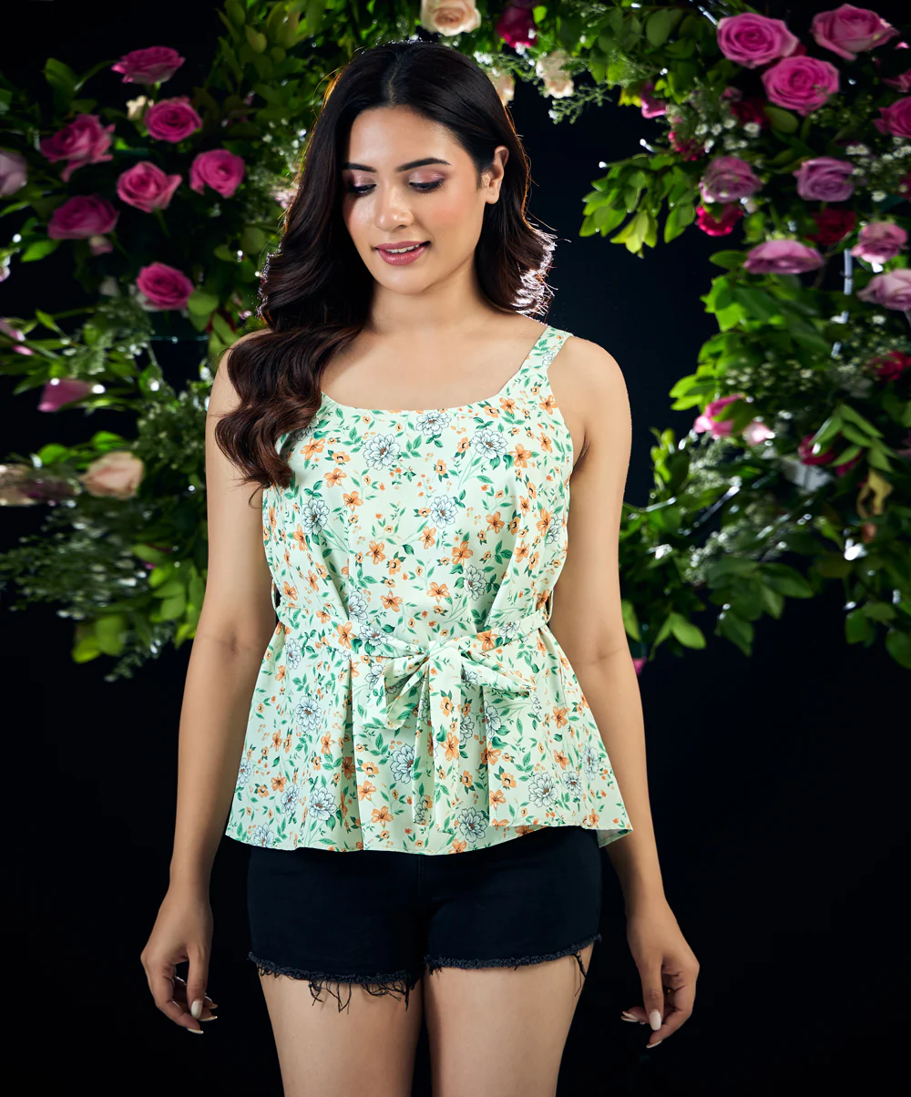 Waist Tie Chiffon Peplum Floral Top - Image 2