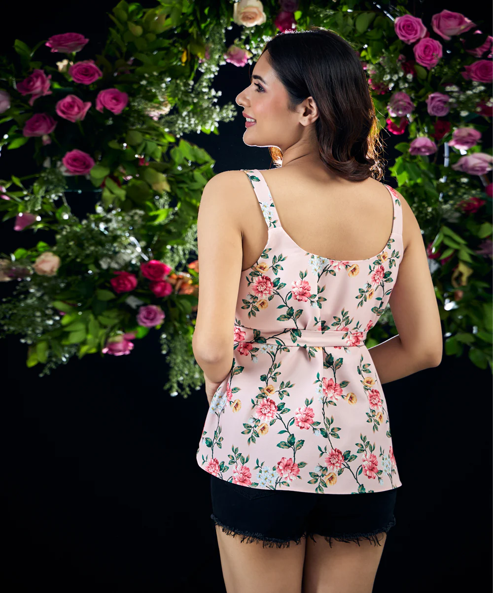 Waist Tie Chiffon Peplum Pink Top - Image 4