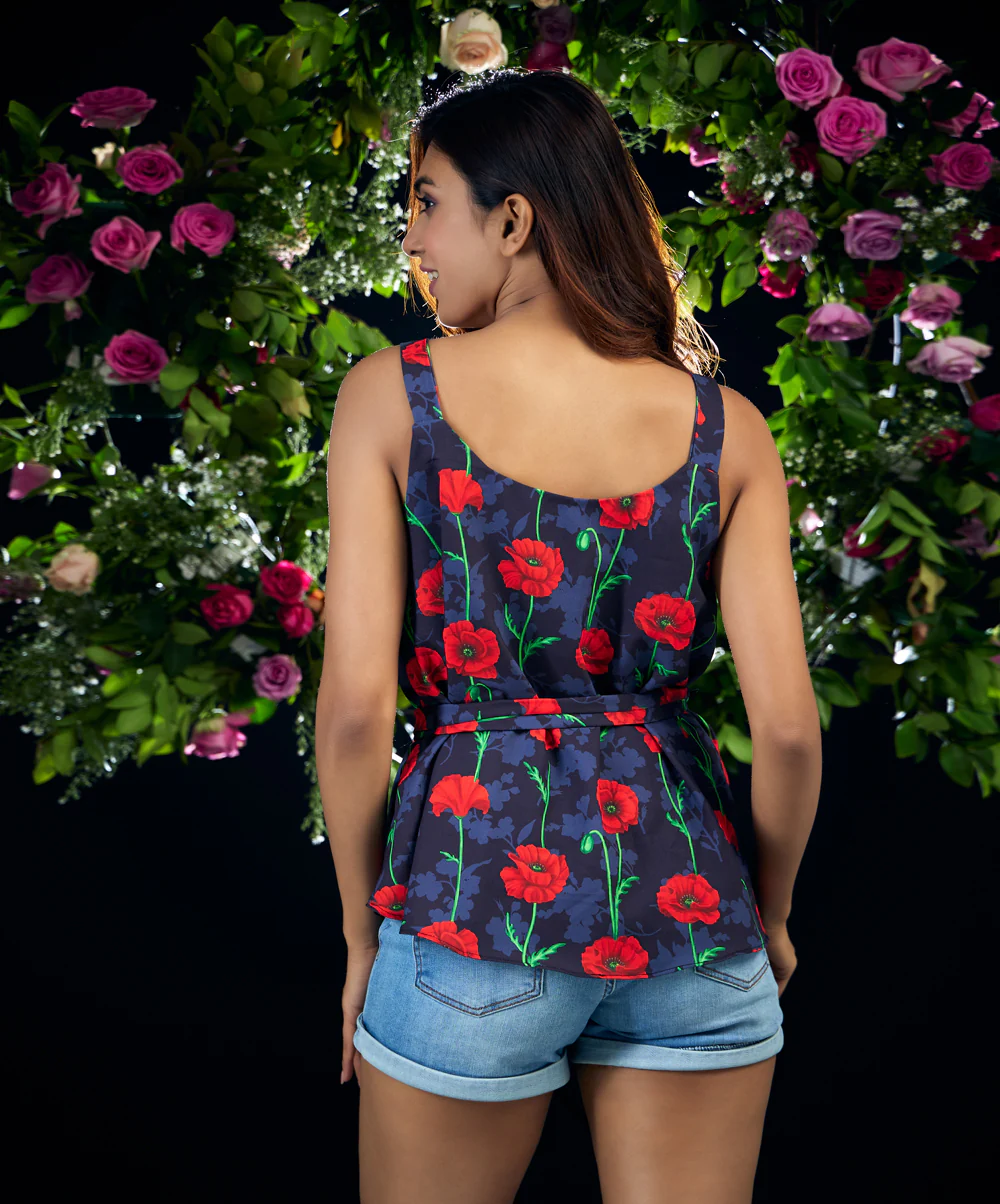 Waist Tie Chiffon Peplum Rose Top - Image 3