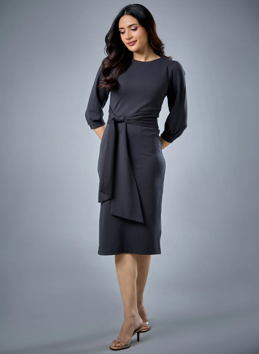 Waist Tie Ponte Bodycon Dress - Image 3