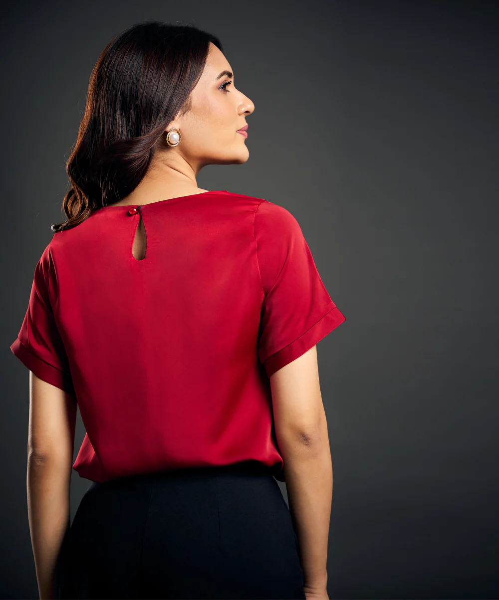 Drop Shoulder Boat Neck Red Top - Image 2