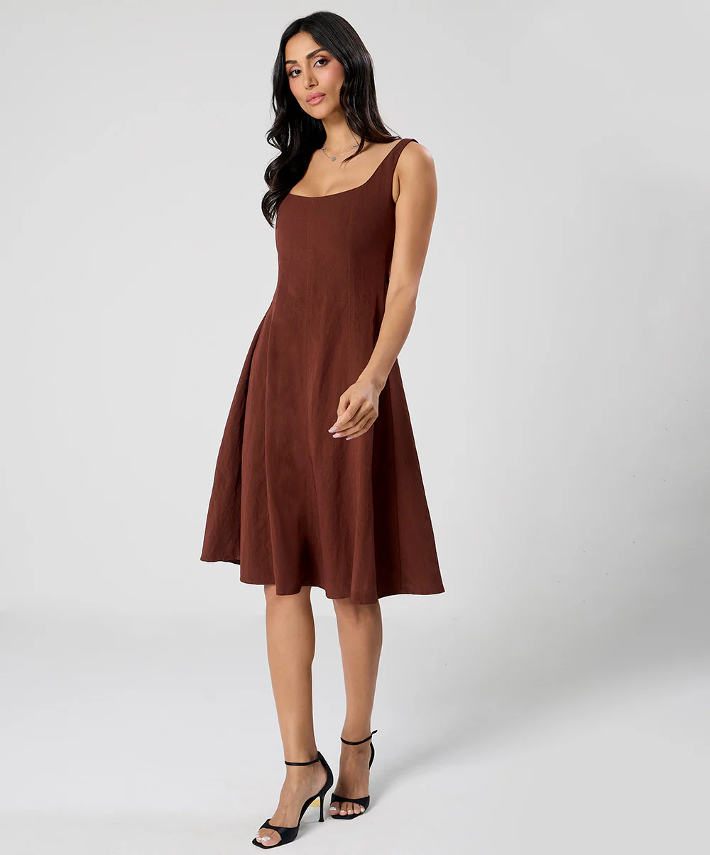 Waistless Solid Sleeveless Brown Dress - Image 4