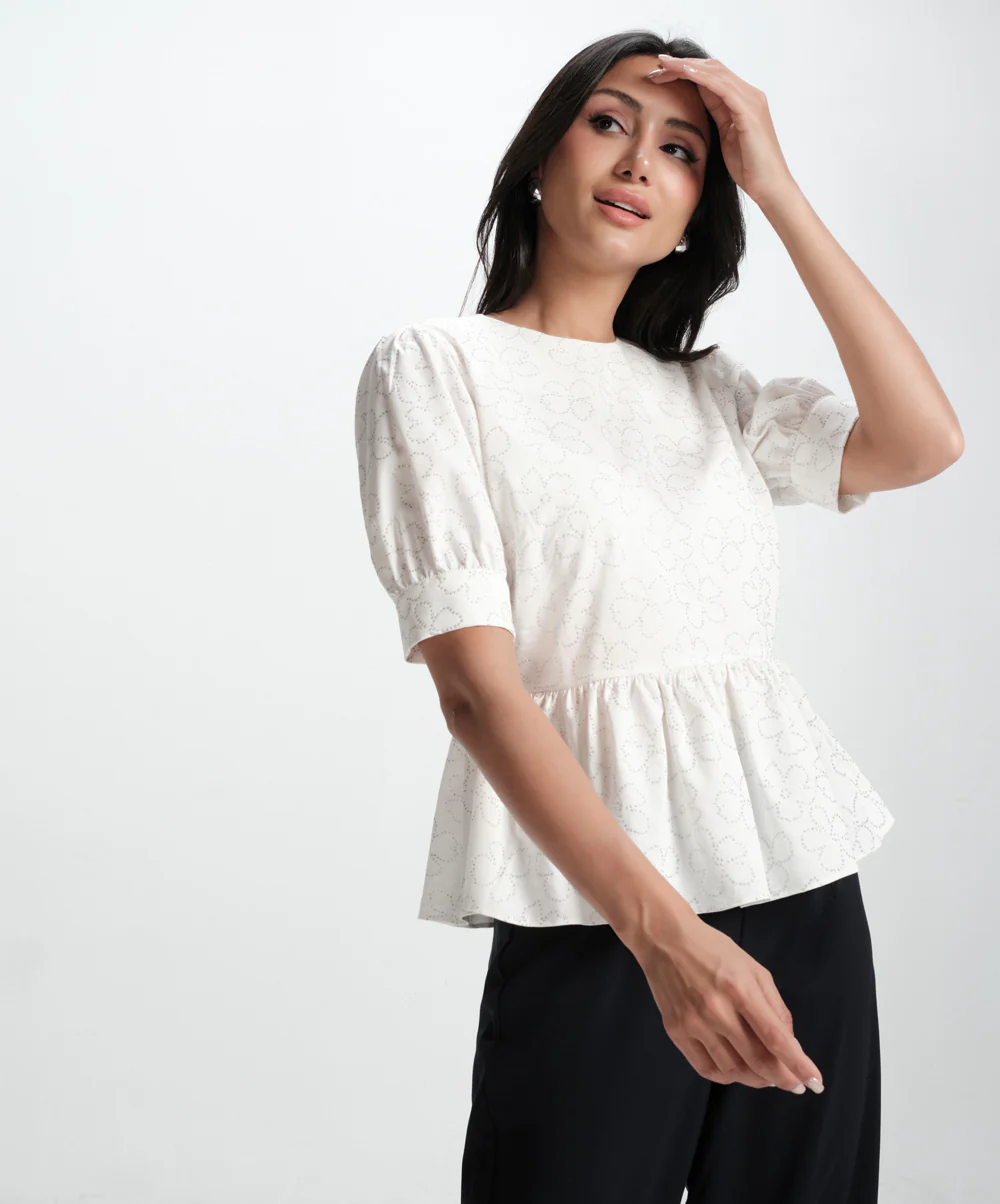 White Cotton Formal Peplum Top - Image 3