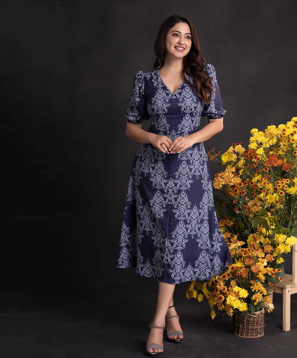 White Printed Navy Blue Chiffon Dress - Image 3
