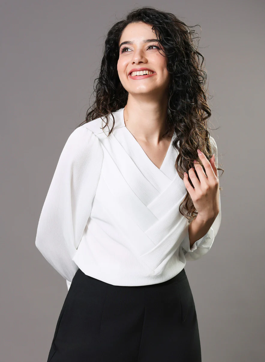White Side Pleated Chiffon Top
