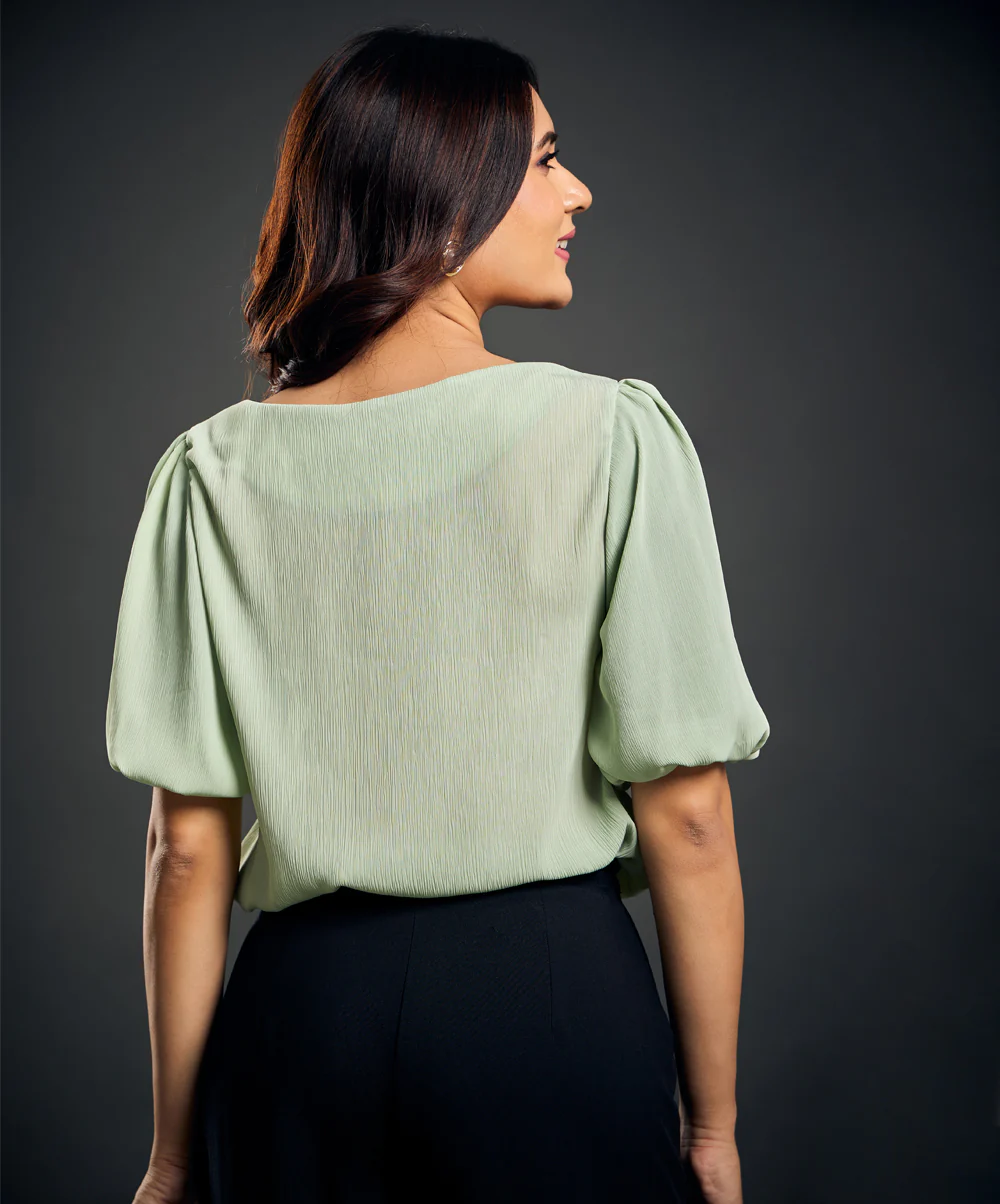 Wide Neck Crushed Olive Formal Top - Image 4