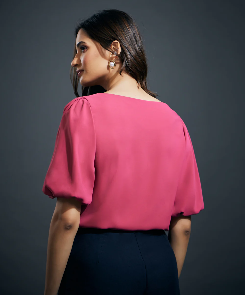 Wide Neck Solid Chiffons Formal Top- Pink - Image 3