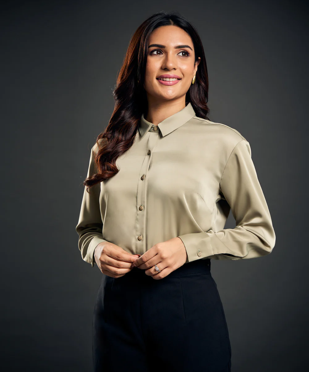 Work Wear Satin Green Blue Blouse - Image 3