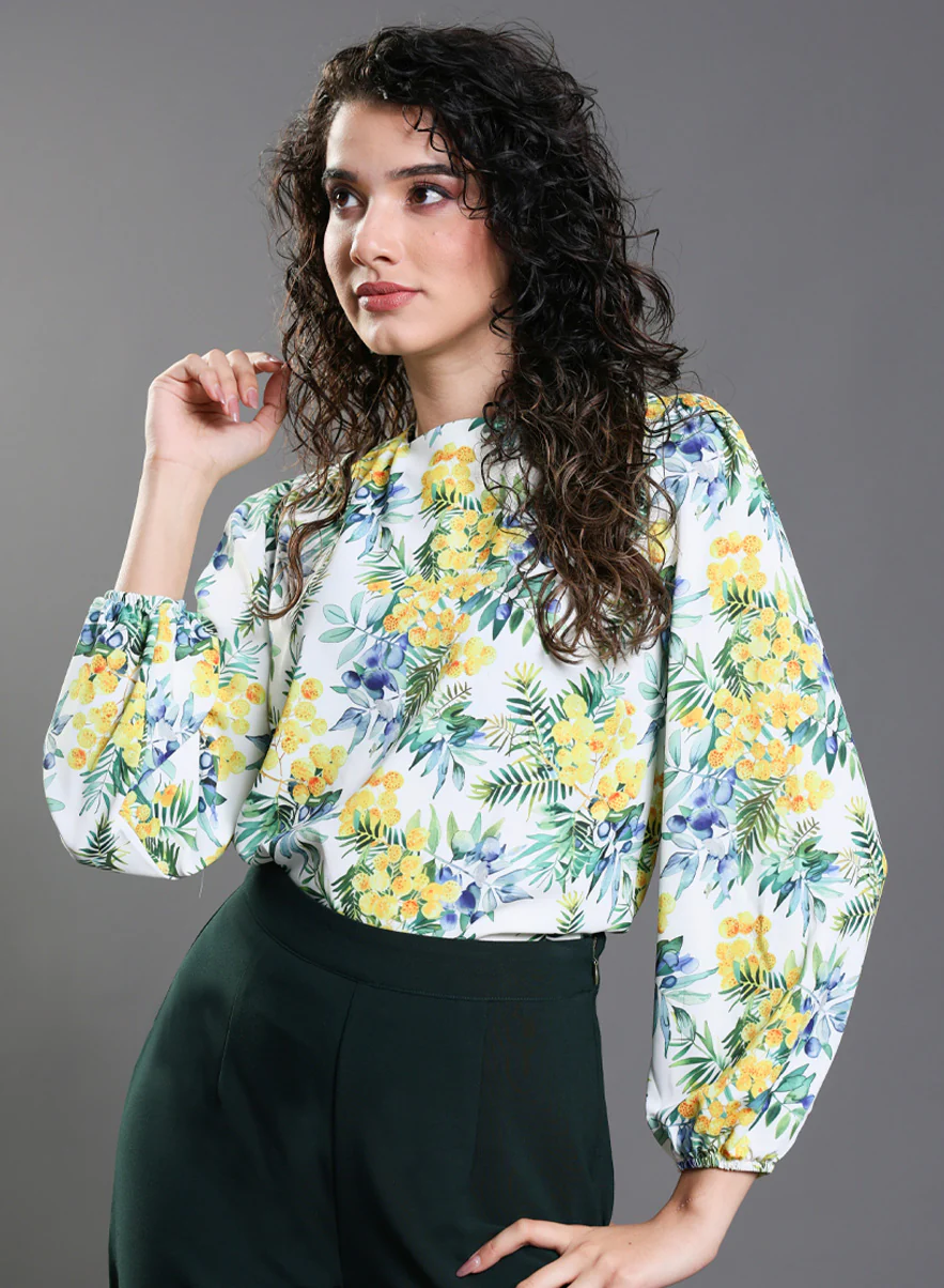 Yellow Floral Elastic Sleeve Top - Image 4