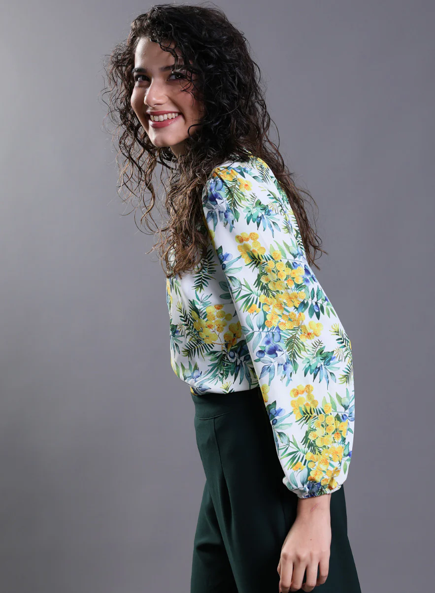 Yellow Floral Elastic Sleeve Top - Image 5
