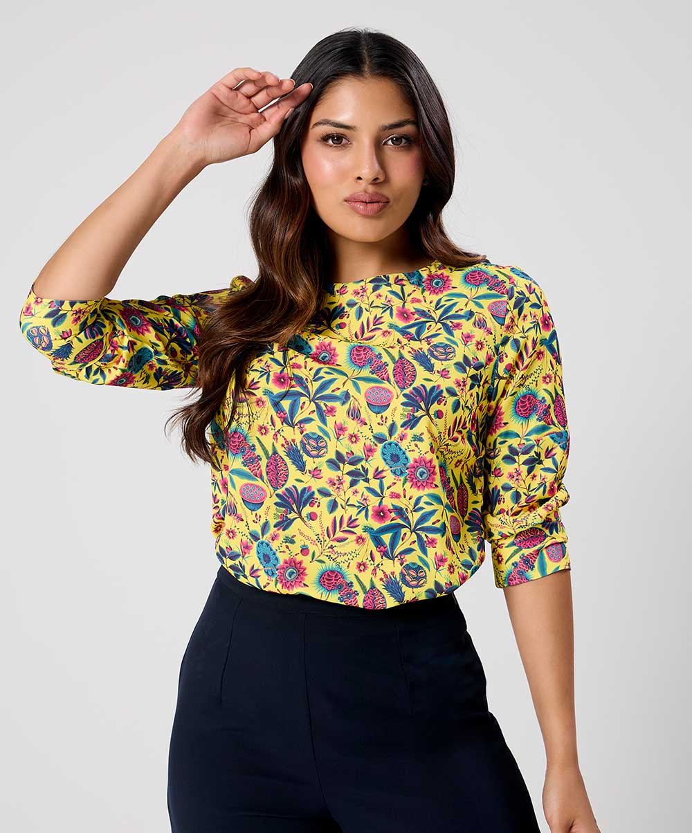 Yellow Floral Printed Round Neck Chiffon Top - Image 2