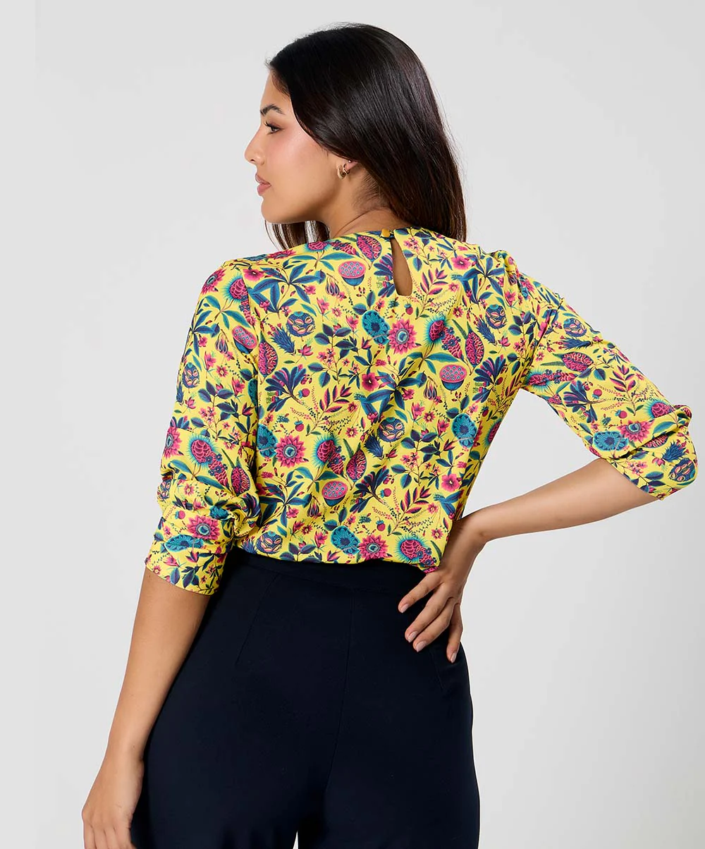 Yellow Floral Printed Round Neck Chiffon Top - Image 4