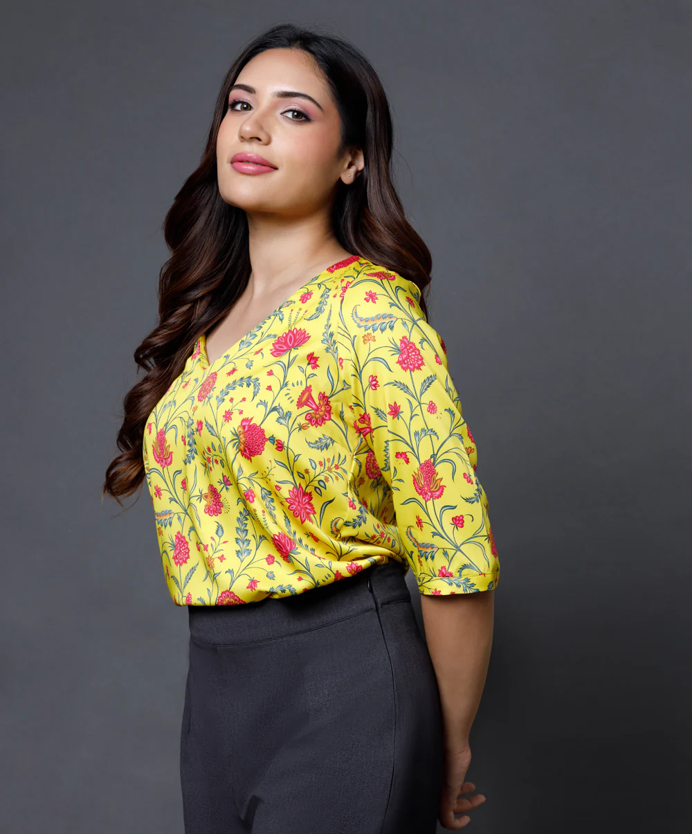 Yellow Printed Half Sleeve Vneck Top - Image 2