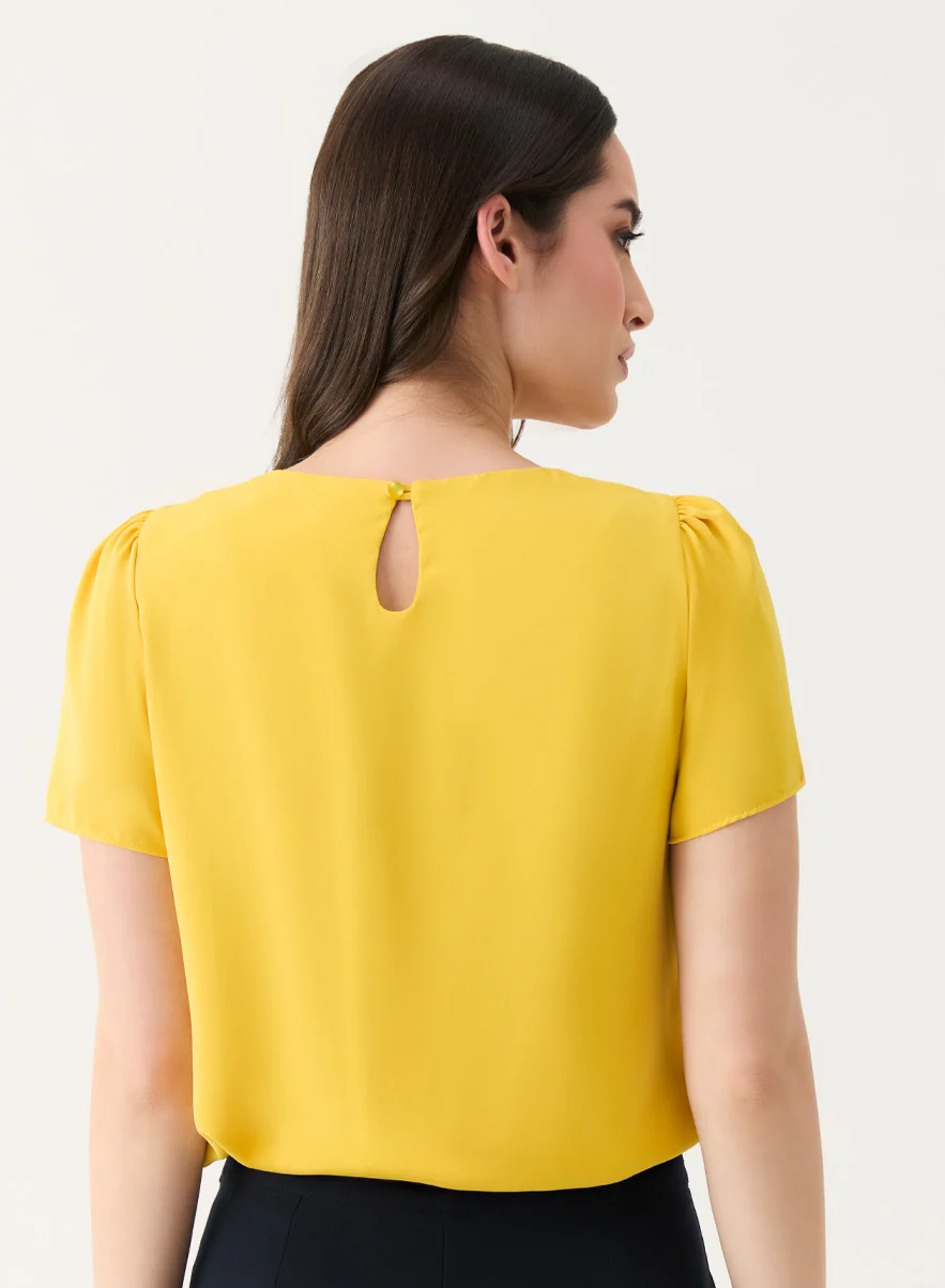 Yellow Short Sleeve Chiffon Neck Top - Image 2