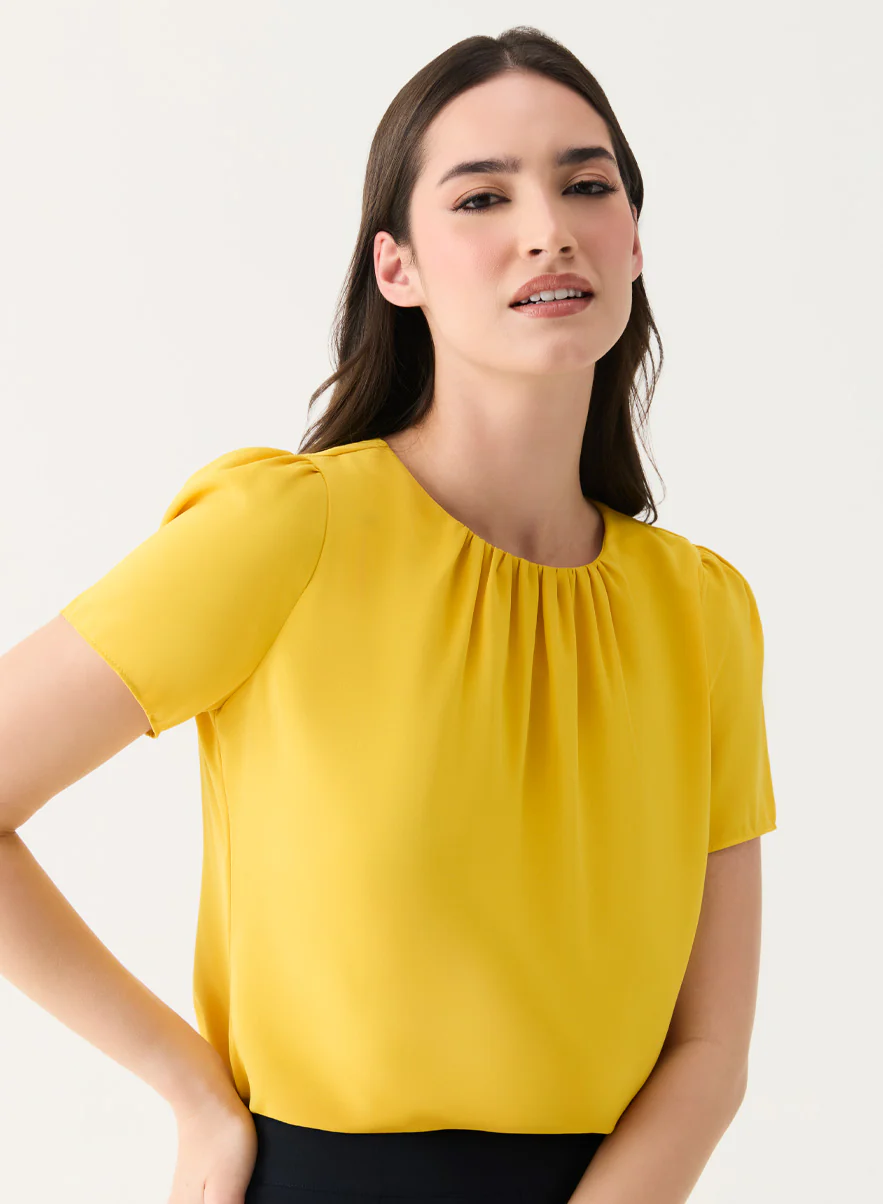 Yellow Short Sleeve Chiffon Neck Top - Image 3