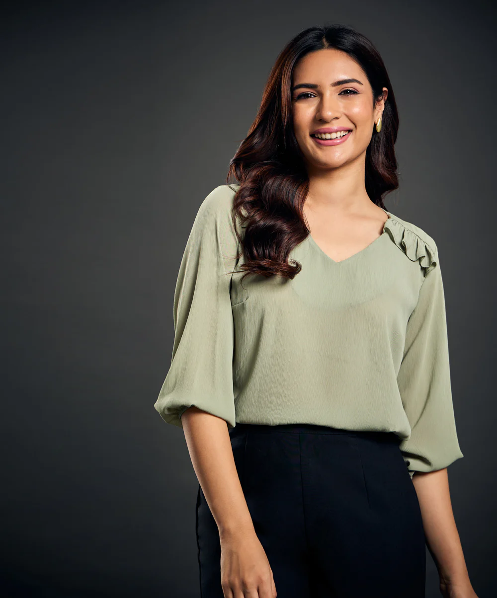 York Frilled Long Sleeve Green Top - Image 2